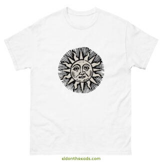 t-shirt with an old woodcut sun symbol